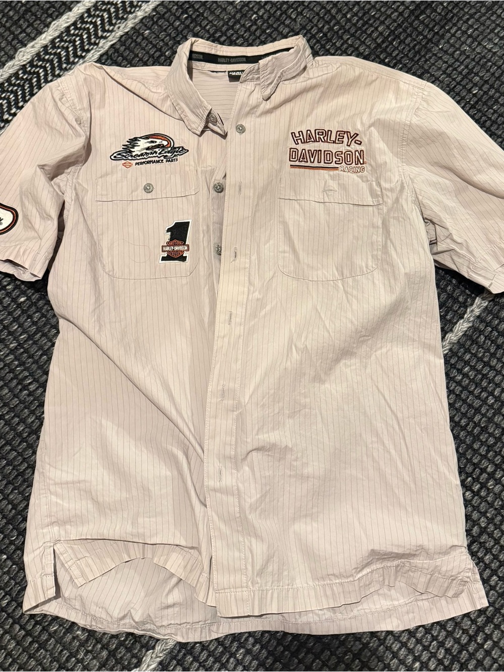 Harley-Davidson Men’s Short Sleeve Button-Up Shirt - Light Tan with Pinstripes